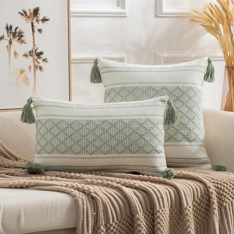Axyaa Boho Diamond Jacquard Cushion Cover with Tassels for Home Decor