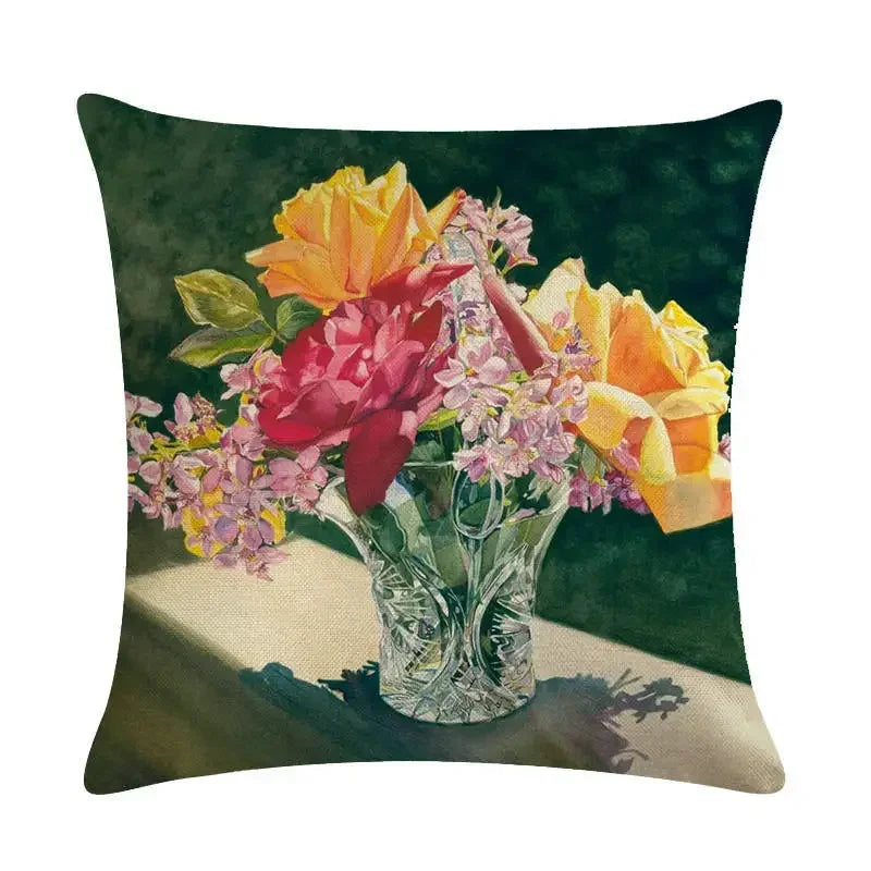 Axyaa Bouquet Cushion Cover 45*45cm - Stylish Art Flowers Flax Pillow