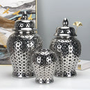Axyaa Silvery Ceramic Hollow Out Storage Jar - Room Decor Bud Vase