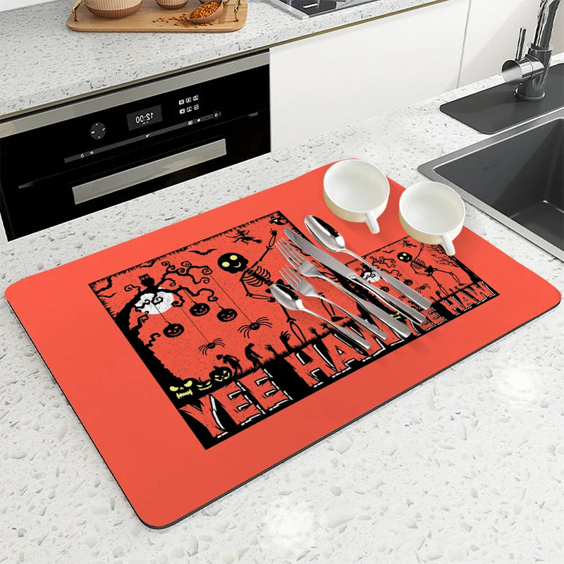 Axyaa Halloween Black Cat Skull Castle Kitchen Drying Mat