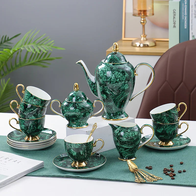 Axya Green Gold Inlay Bone Tea Set - 7 Piece Coffeeware Collection