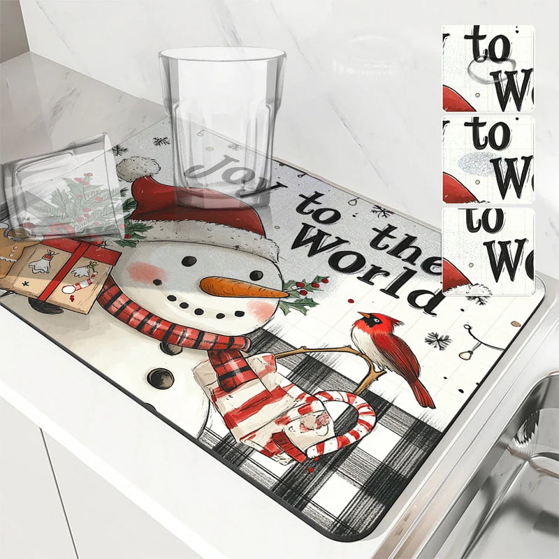 Axyaa Christmas Kitchen Dish Mat - Absorbent & Anti-Slip Large Drying Pad
