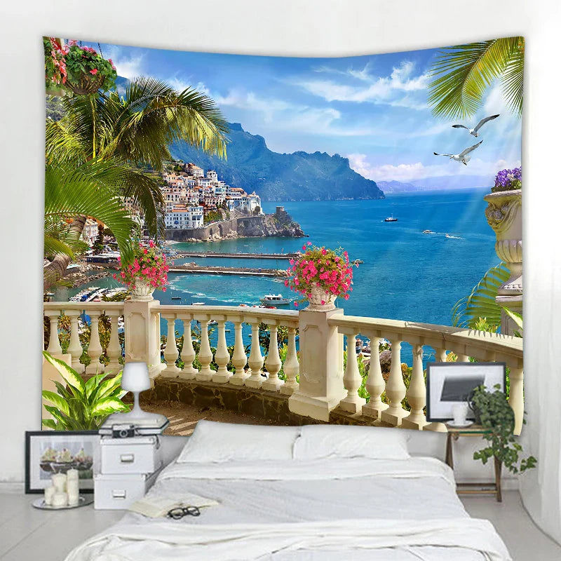 Axyaa 3D Faux Window Landscape Tapestry Wall Hanging for Bohemian Home Decor