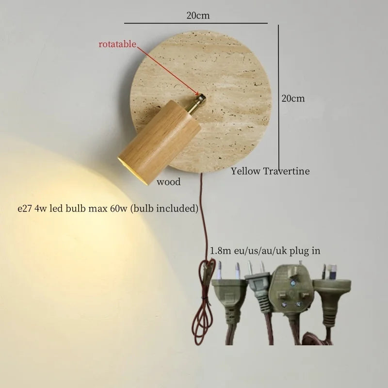 Axyaa White Glass LED Wall Light - Yellow Travertine Button Switch - Wabi Sabi Design