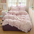 Axyaa Cream Lace Girl Powder Grid Korean Double-Layer Quilt Cover Set