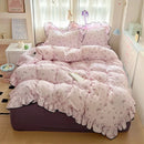 Axyaa Cream Lace Girl Powder Grid Korean Double-Layer Quilt Cover Set