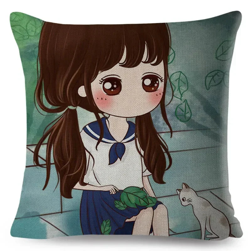 Axyaa Beautiful Girl Pattern Linen Pillowcase for Living Room and Bedroom