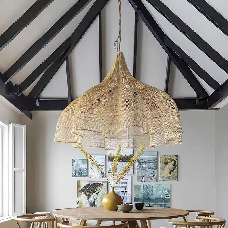 Axyaa Wicker Pendant Light: Handmade Rattan Umbrella Dining Room Fixture