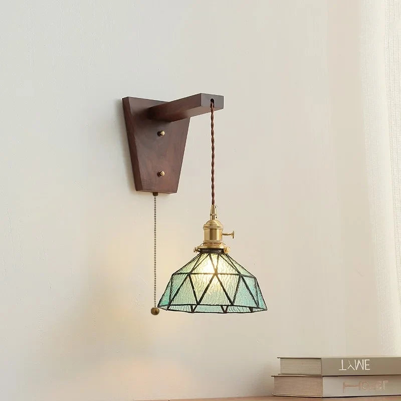 Axyaa Walnut Glass Pull Chain LED Wall Light Fixture for Home Decor