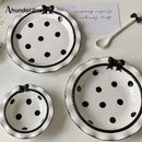 Axya Polka Dot Ceramic Tableware Set, Cute Bow Design, Nordic Style Dinner Plate & Rice Bowl