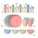 Axyaa Wheat Straw Tableware Set - 24PCS Dining Plate Bowl Cup Knife Spoon