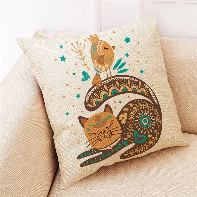 Axyaa Cartoon Cat Linen Pillowcase - Modern Home Decor, Kids Room Pillow Cover