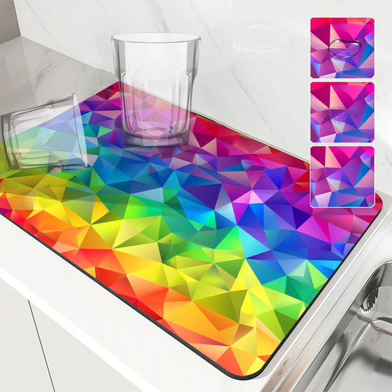 Pride Moon Rainbow Geometric Non-Slip Kitchen Drying Mat by Axyaa