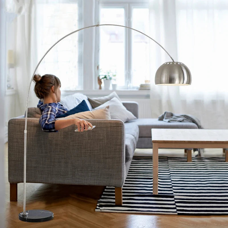 Axyaa Nordic Marble Arc Floor Lamp Silver Wood Finish