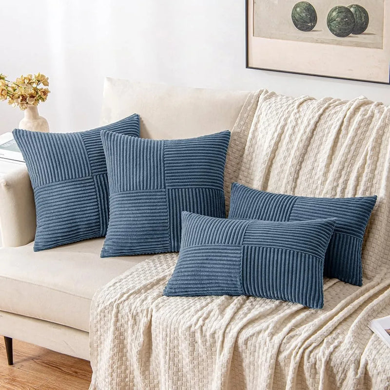 Axyaa Blue Corduroy Striped Throw Pillow Covers for Living Room, Bed and Sofa