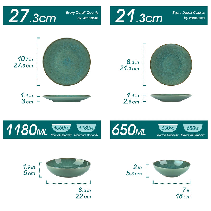 Axya™ Karst Green Stoneware Tableware Set for 4/8/12: Dinner, Dessert Plate, Soup Bowl, Mug