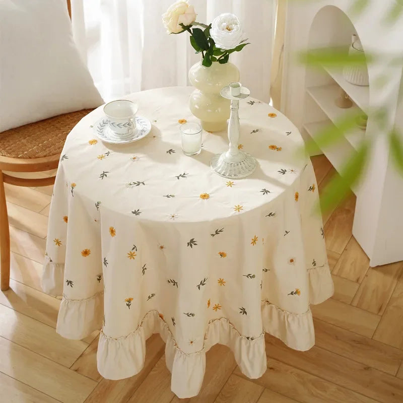 Axya Cotton Embroidered Tablecloth - Circular Light Luxury Dining Table Cover