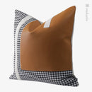 Axyaa Houndstooth Orange-Gray Leather Stitching Pillow for Home and Hospitality