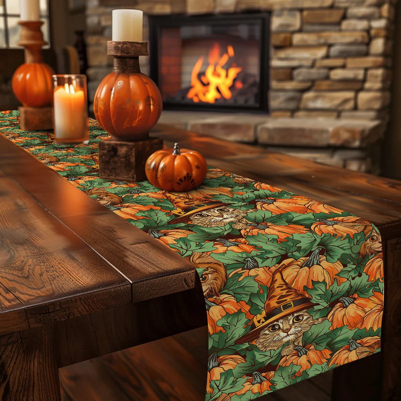 Axyaa Halloween Pumpkin Cat Table Runner for Dining and Wedding Decor
