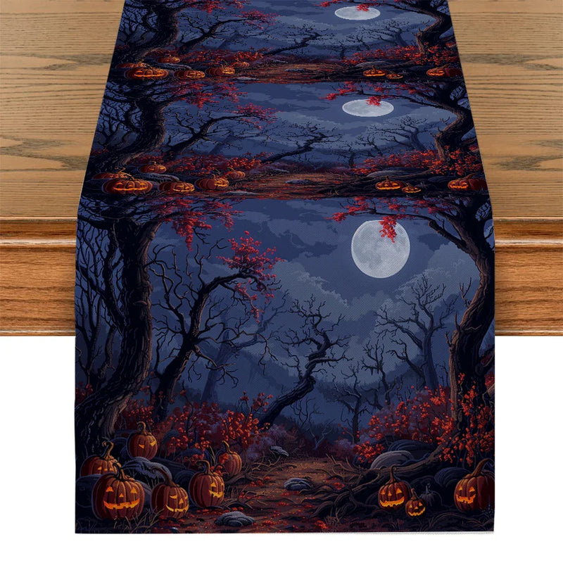 Axyaa Halloween Pumpkin Forest Moon Table Runner