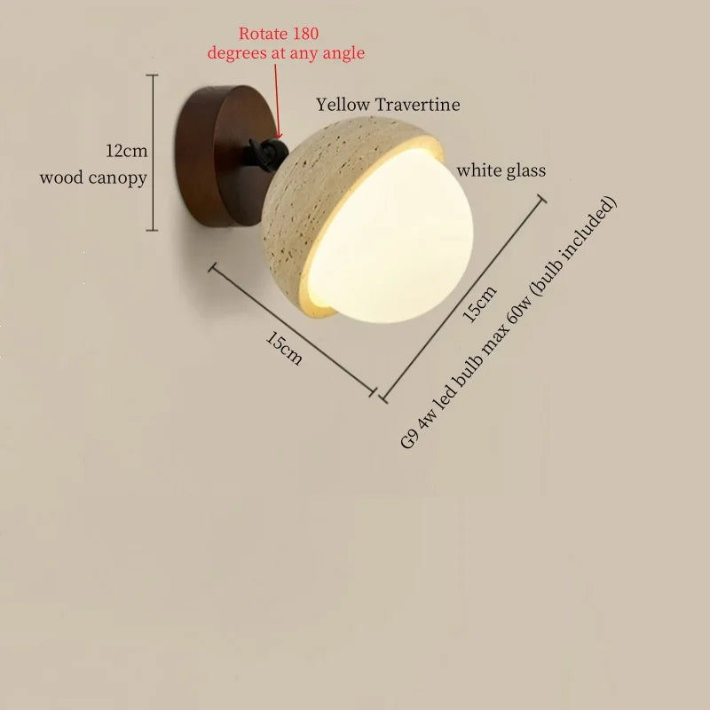 Axyaa White Glass LED Wall Lamps Pull Chain Yellow Travertine Modern Nordic Light