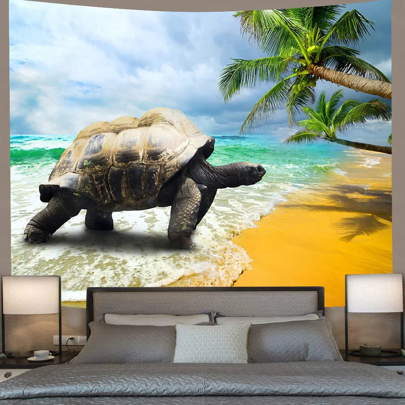 Beach Turtle Tapestry Coconut Tree Wave Wall Hanging Towel Room Decor by Axyaa