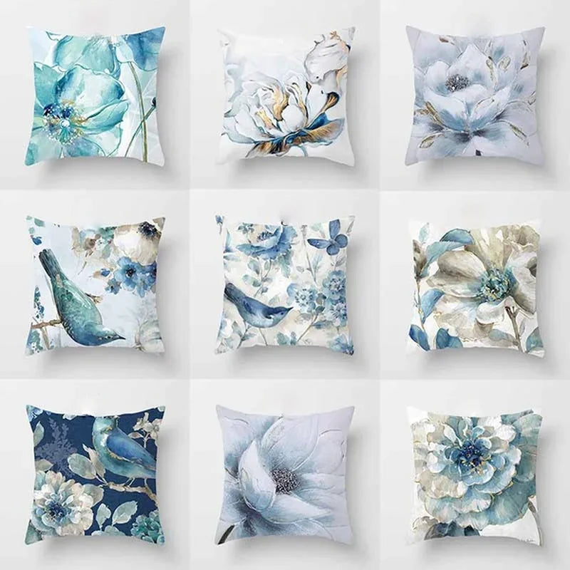 Luxurious Blue Bird Floral Pillowcase by Axyaa - 45x45cm Square Decor for Home & Office