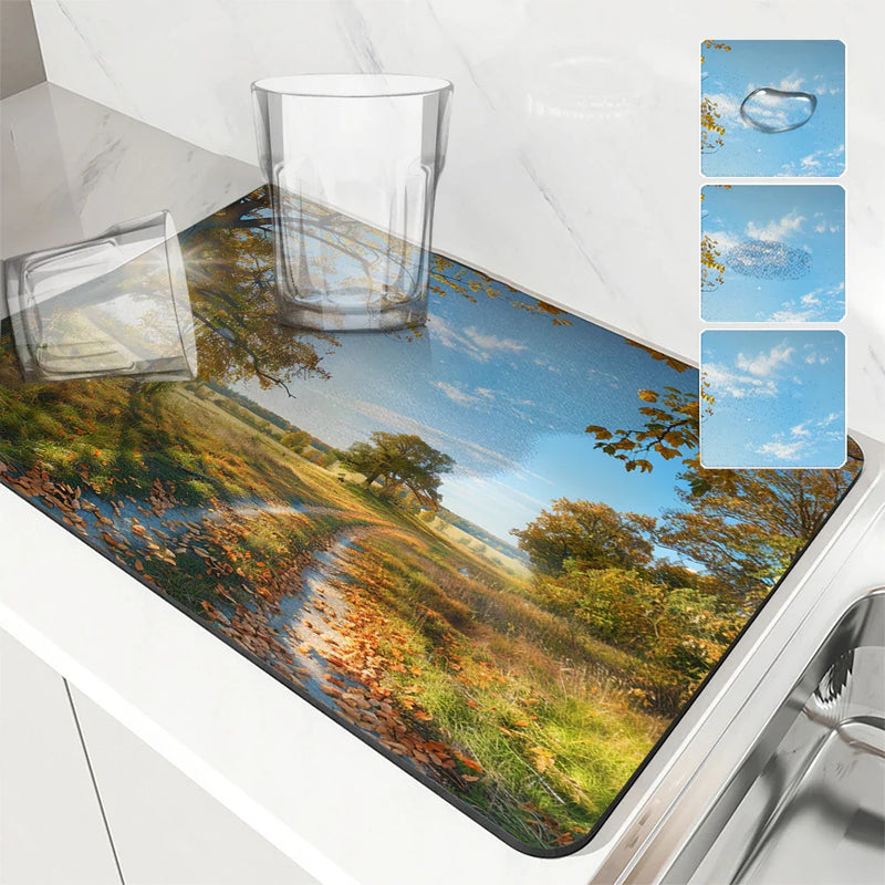 Axyaa Autumn Scenery Coffee Mat - Quick Dry Dish Draining Pad