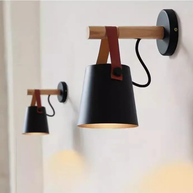 Nordic Wooden LED Wall Lamps by Axyaa: Leather Belt Iron Head Hanging Sconces for Indoor Decor Lighting