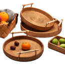 Axyaa Round Rattan Tray with Wooden Handle, Multipurpose Serving Tray for Home Kitchen