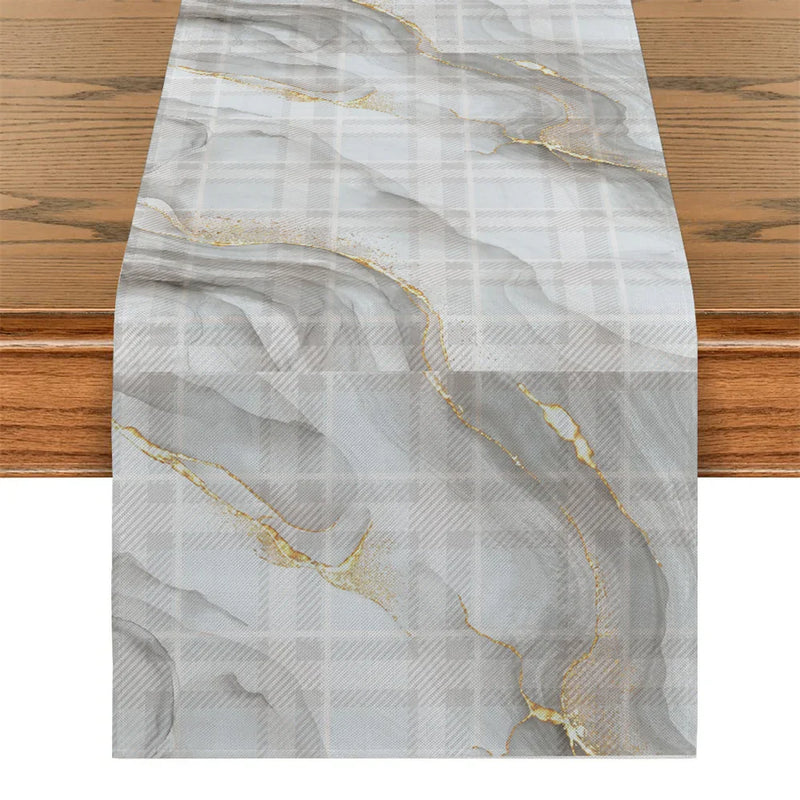 Pink Champagne Gold Textured Table Runner by Axyaa: Elegant Grey Marble Design for Stylish Tables