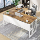 Axyaa 63" Computer Desk with Storage Shelf, Dark Walnut + Steel, Home Office Workstation