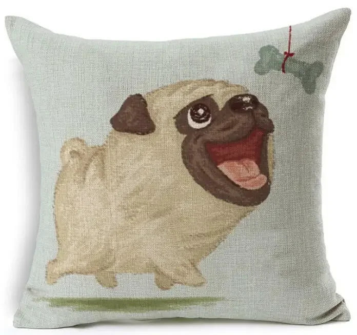 Square Linen Pug French Bulldog Pillow Cover by Axyaa