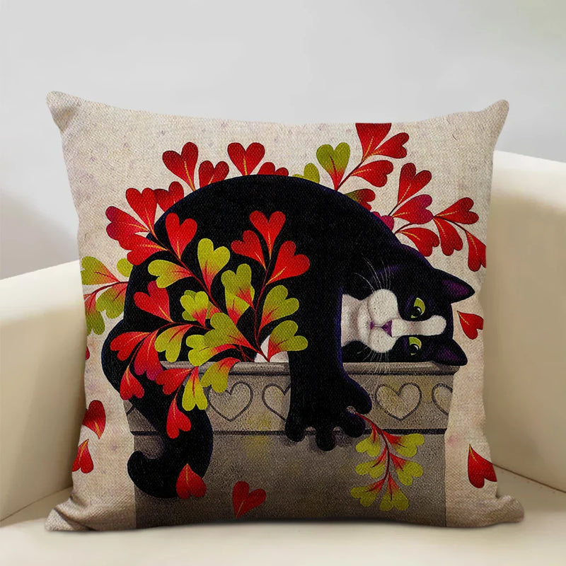 Axyaa Cat and Dog Pattern Cushion Cover 45x45cm Linen Square Pillowcase