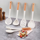 Axyaa Silicone Kitchen Utensil Set with Thick White Wooden Handle - 7 Pieces