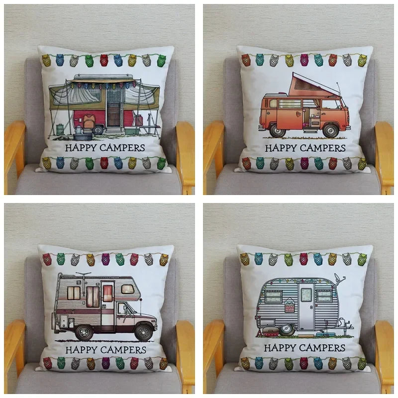 Happy Campers Owl Motorhome Print Pillow Case by Axyaa