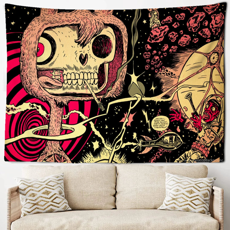 Axyaa Mushroom Skull Psychedelic Tapestry Sunshine Hippie Flowers Wall Tapestry