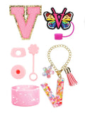 Axyaa Cup Set: Initials Silicone Straw Cap Boot Handle Sticker Charm