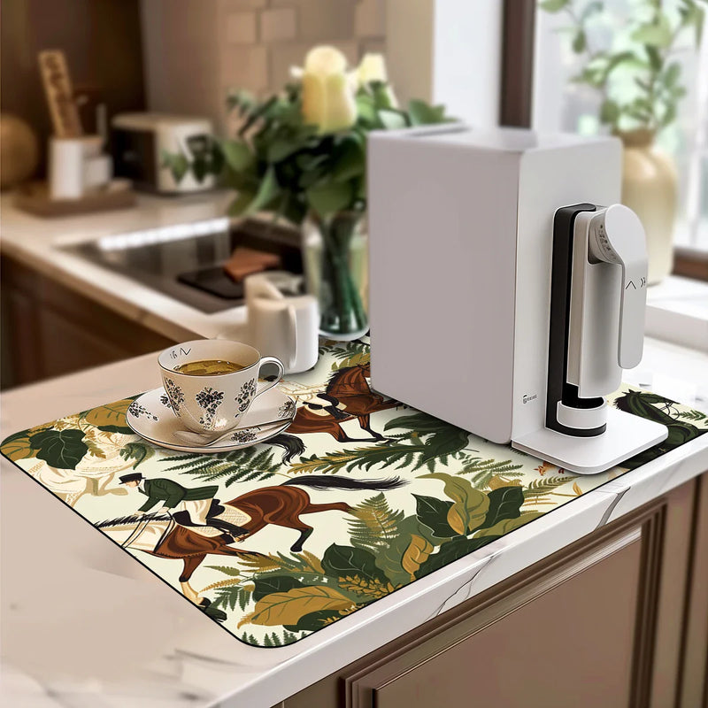 Axyaa Watercolor Plant Branches Drying Mat - Non-Slip Absorbent Tableware Counter Mat