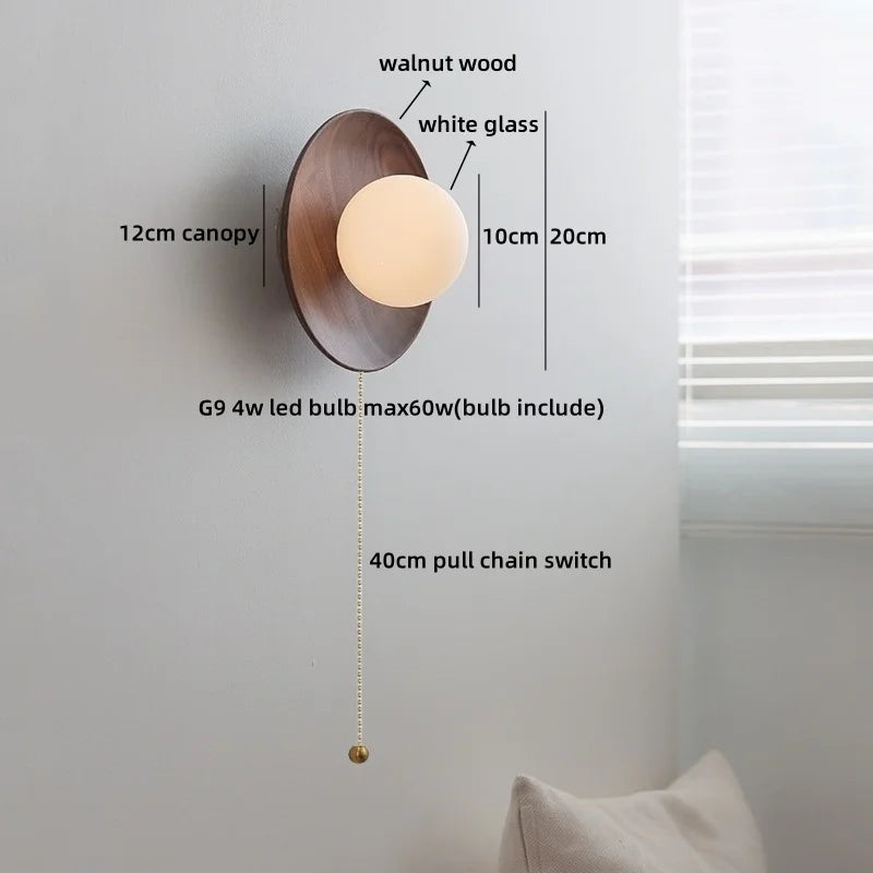 Axyaa White Glass Ball LED Wall Lamps With Switch - Modern Wooden Stair Light Fixtures.
