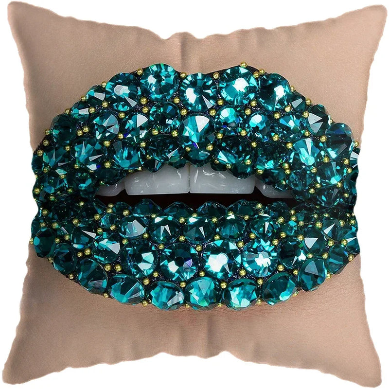 Pink Gold Lips Cushion Cover by Axyaa: Modern Nordic Diamond Painting Home Decor