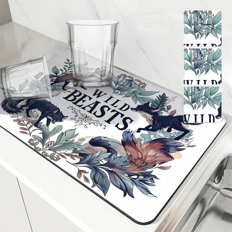 Axyaa Plant Leaves Kitchen Mat - Absorbent, Antiskid, Quick Dry Dish Drying Pad
