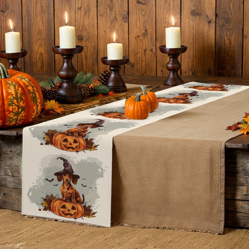 Axyaa Halloween Dog Pumpkin Head Table Runner for Farmhouse Dining
