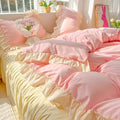 Axyaa Princess Korean Style Bedding Set, Solid Color Double Bedspread & Ruffled Duvet Cover
