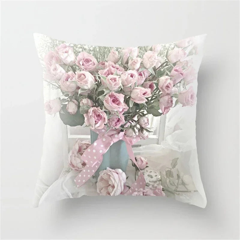 Axyaa Pink Flower Pattern Decorative Cushion Cover for Sofa Pillows - Polyester Material