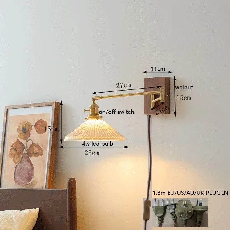 Axyaa Walnut Ceramic LED Wall Lamp with Copper Arm, Rotate, Pull Chain Switch
