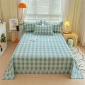 Axyaa Green Check Raw Cotton Double Bed Sheets Set Queen/King Flat Top Full Cover