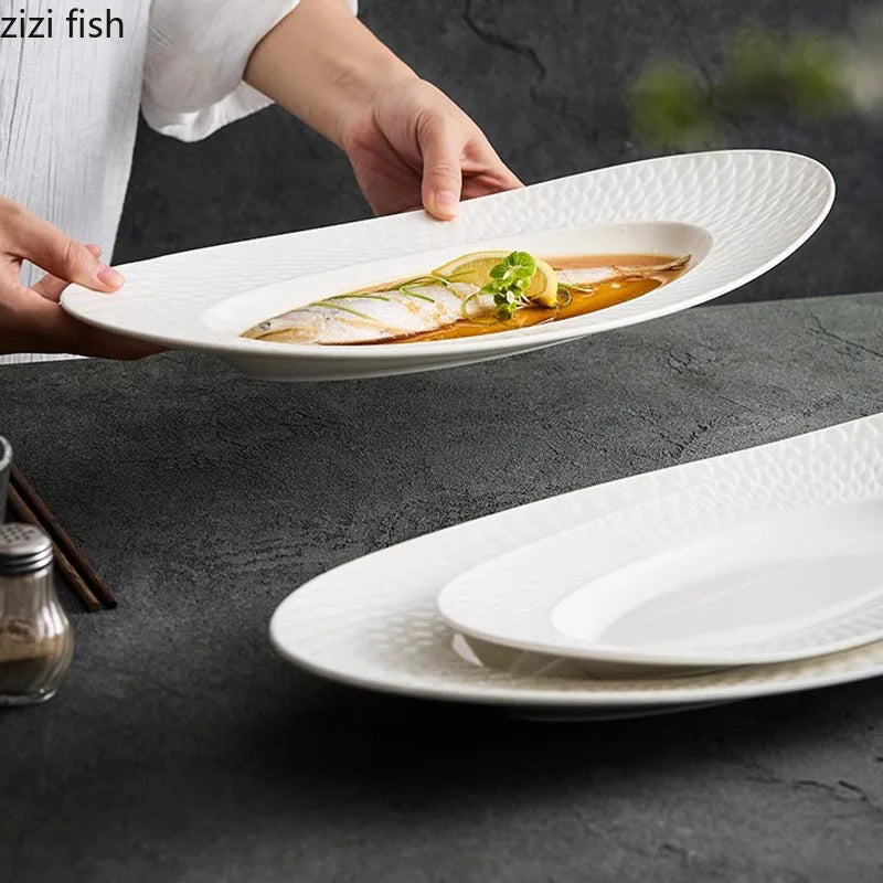 Axya Scaly Texture Ceramic Fish Plate | Oval Dessert Sushi Dish