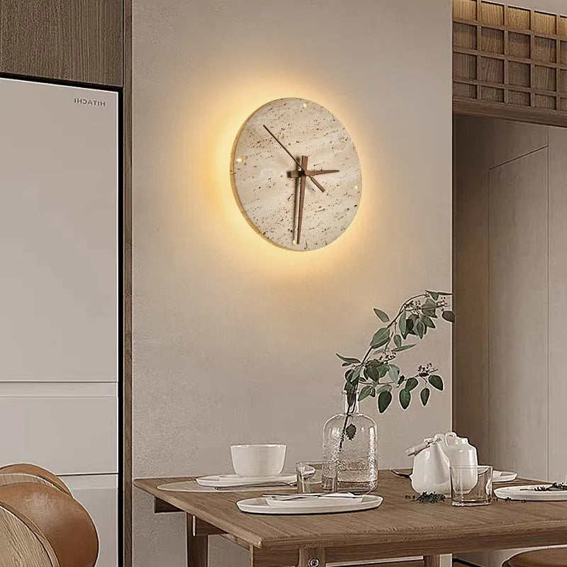 Axyaa Stone Clock LED Wall Light Yellow Travertine Wooden Pointer for Living Room