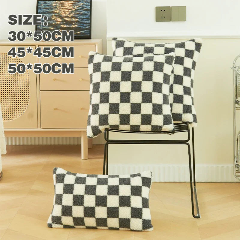 Axyaa Checkerboard Plaid Knit Plush Pillow Cover for Car Sofa, 45*45cm, 50*50cm